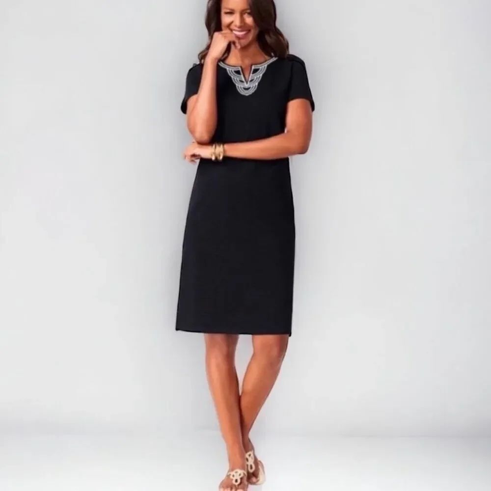 Talbots Black Embroidered V-Neck Midi Dress size Small Cotton Shift